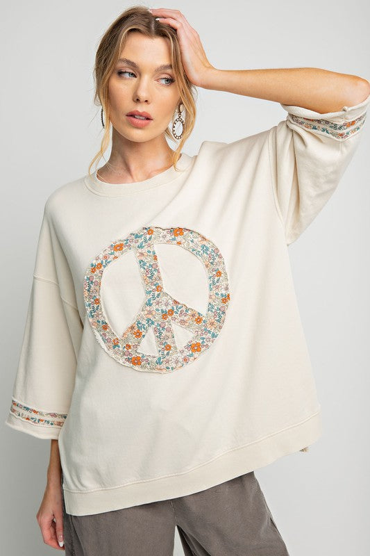 Easel Floral Peace Sign Pullover in Beige ON ORDER Shirts & Tops Easel   