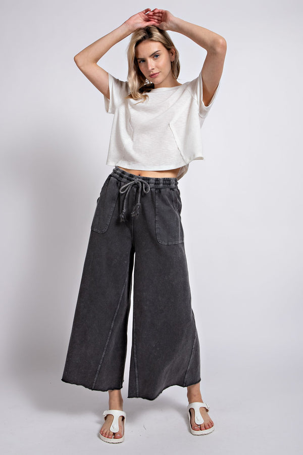 Easel Washed Terry Knit Wide Leg Pants in Black Pants Easel   