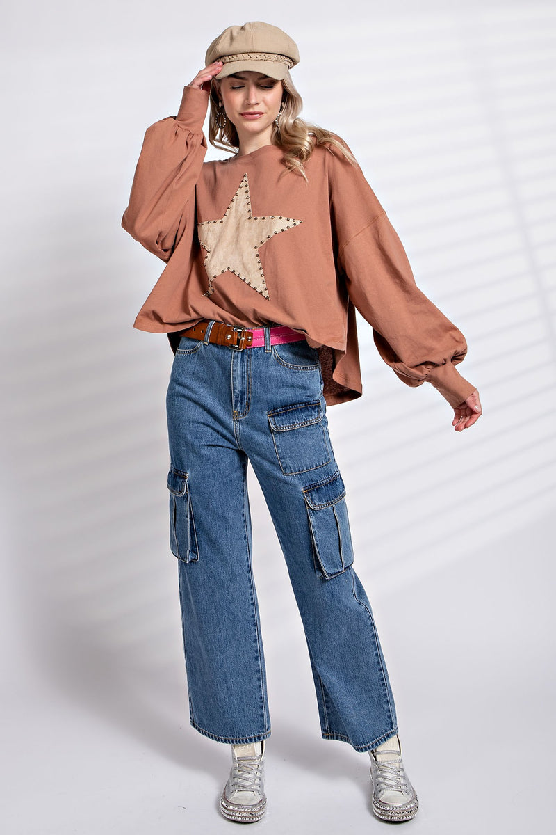 Easel Suede Patch Cotton Jersey Top in Camel – June Adel