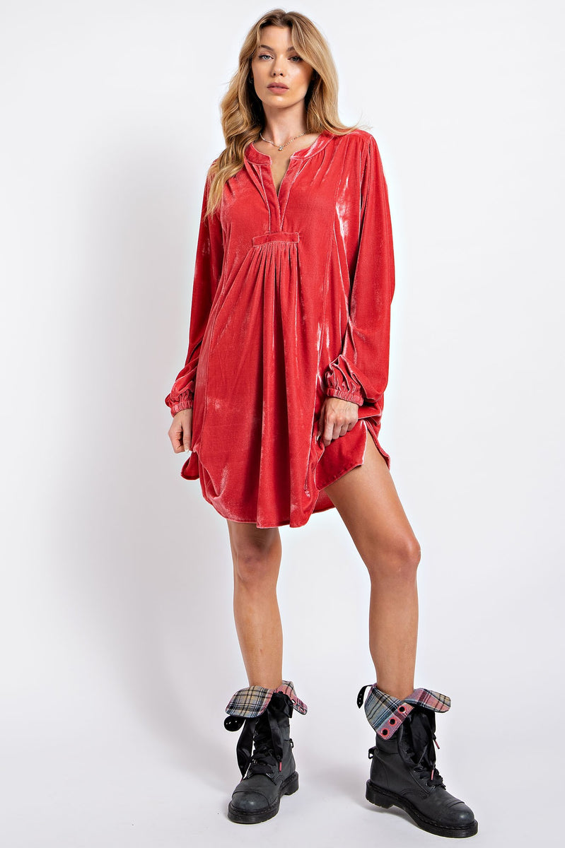 Easel Soft Velvet Tunic Dress in Lipstick Coral June Adel
