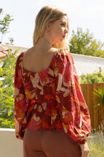 Load image into Gallery viewer, Oddi Square Ruched Neck Peplum Top in Brick Multi Shirts & Tops Oddi