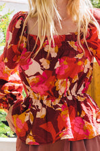 Load image into Gallery viewer, Oddi Square Ruched Neck Peplum Top in Brick Multi Shirts & Tops Oddi