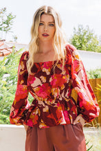 Load image into Gallery viewer, Oddi Square Ruched Neck Peplum Top in Brick Multi Shirts & Tops Oddi