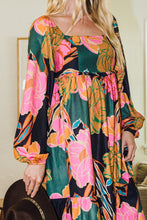 Load image into Gallery viewer, Oddi Floral Print Babydoll Long Sleeve Midi Dress in Black Combo Dress Oddi