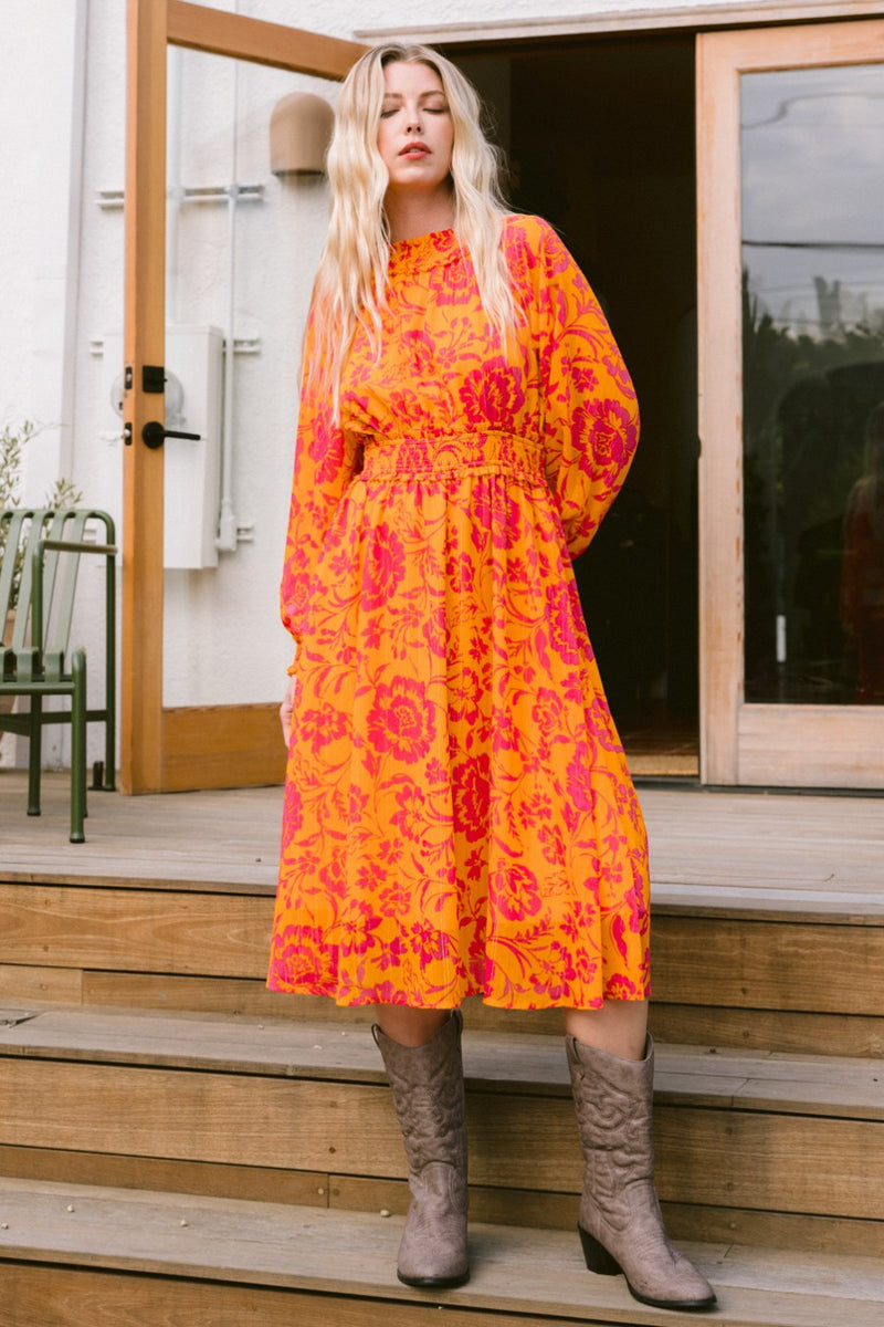 Oddi Vibrant Floral Print Midi Dress Orange-Fuchsia – June Adel Oddi Vibrant Floral Print Midi Dress Orange-Fuchsia – June Adel