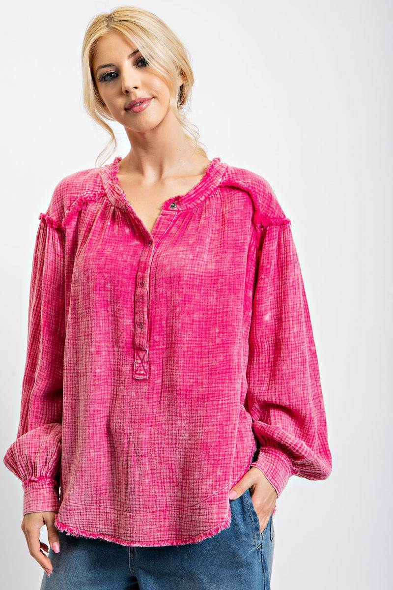 Easel Mineral Washed Cotton Gauze Tunic Top in Magenta Rose June Adel