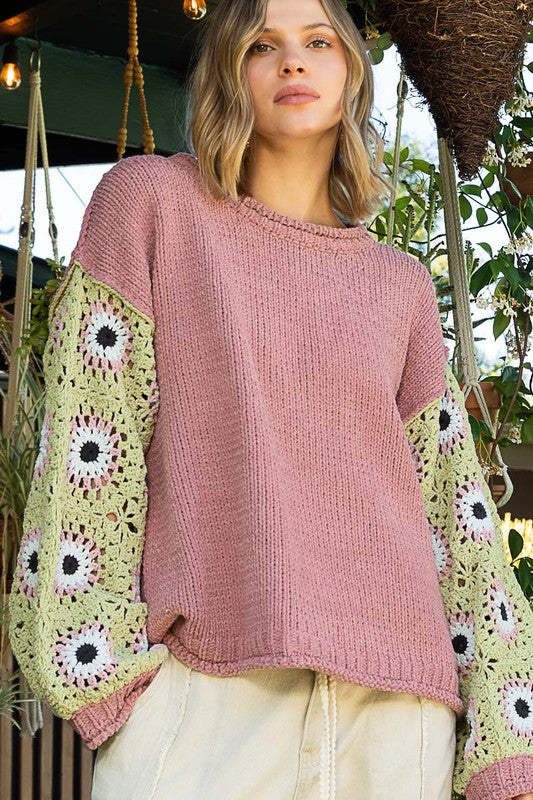 POL Chenille Sweater with Crochet Sleeves in Mauve Grass Multi
