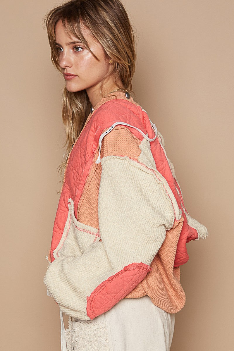 POL Mixed Fabric Hooded Button Down Shacket in Coral/Orange – June