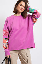 Load image into Gallery viewer, Easel Terry Knit Top with Mixed Print Sleeves in Orchid Shirts & Tops Easel