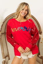 Load image into Gallery viewer, BiBi Metallic Tinsel MERRY Lettered Front with Sequin Sleeves Top in Red