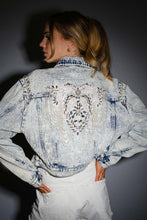Load image into Gallery viewer, Blue B Acid Washed Denim CROPPED Jacket with Stone and Bead Embellishments in Light Wash