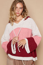 Load image into Gallery viewer, POL Color Block Chenille Hooded Sweater in Pink Burgundy Multi