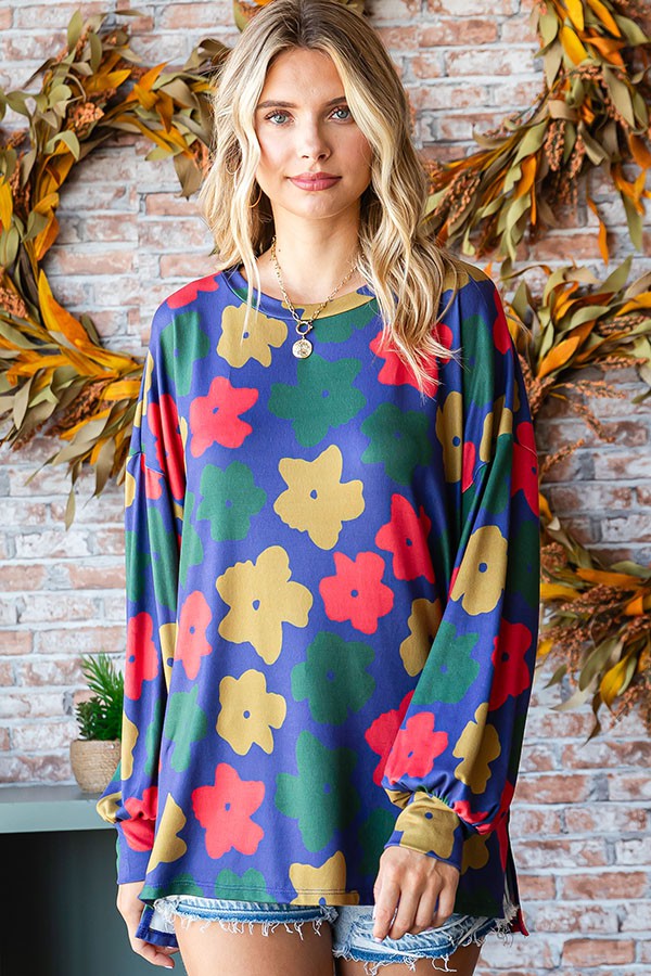 First Love Multicolored Floral Print Top in Navy Multi Shirts & Tops First Love   