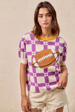 Load image into Gallery viewer, BiBi Knit Sweater Checkered Pattern Top with Football Patched Front in Purple/Gold