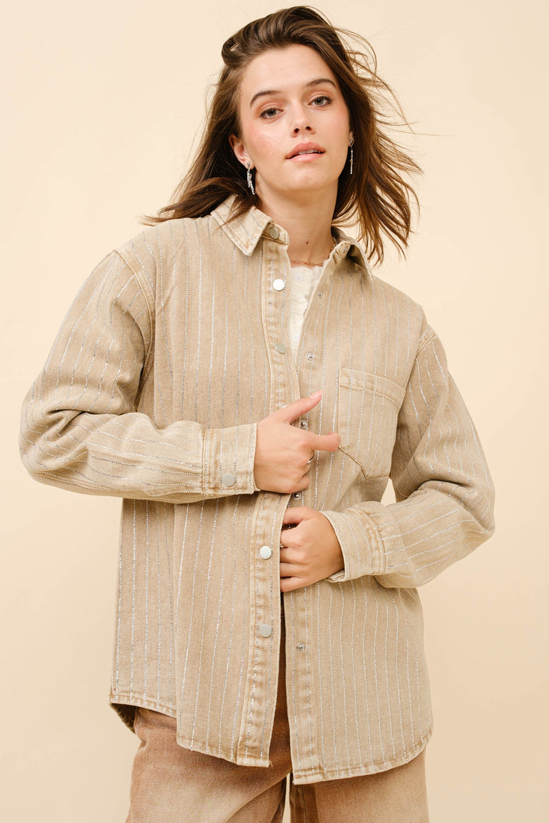 Blue B Denim Boyfriend Shirt Jacket with Embellished Sparkle Stone