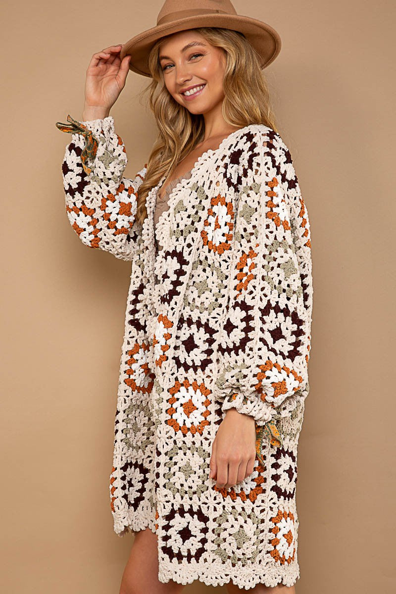 Granny Square Crochet Cropped Cardigan for Women in Beige/White