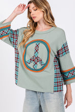 Load image into Gallery viewer, Sage+Fig Solid and Plaid Top with Peace Sign Patch on Front in Autumn Sage