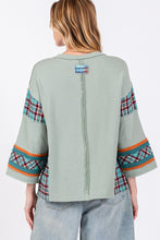Load image into Gallery viewer, Sage+Fig Solid and Plaid Top with Peace Sign Patch on Front in Autumn Sage