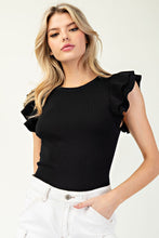Load image into Gallery viewer, ee:some Solid Color Ribbed Bodysuit with Ruffled Sleeves in Black