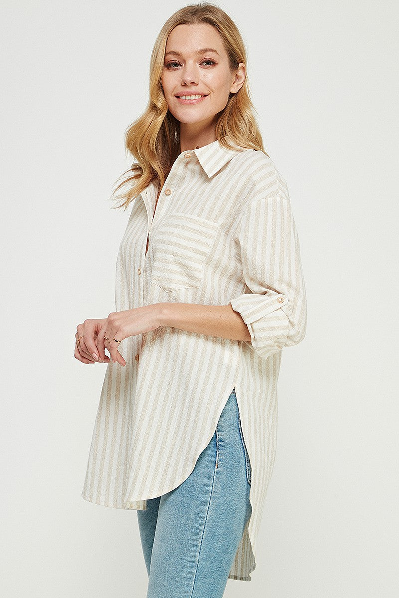 Allie Rose Breezy Linen Boyfriend Shirt in Natural Stripe – June Adel