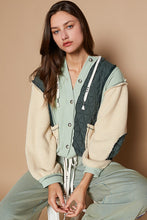 Load image into Gallery viewer, POL Mixed Fabric Hooded Button Down Shacket in Forest/Cream ON ORDER