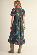 Load image into Gallery viewer, Jodifl Contrast Accent Floral Midi Dress in Hunter Green