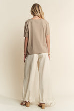 Load image into Gallery viewer, Davi & Dani Knit Top with Lace Details and Heart Peace Sign Patch Front in Taupe