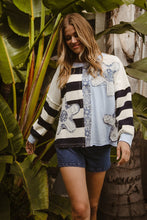 Load image into Gallery viewer, BiBi Terry Knit Solid n Striped Top with Flower Patches in Blue Mix ON ORDER