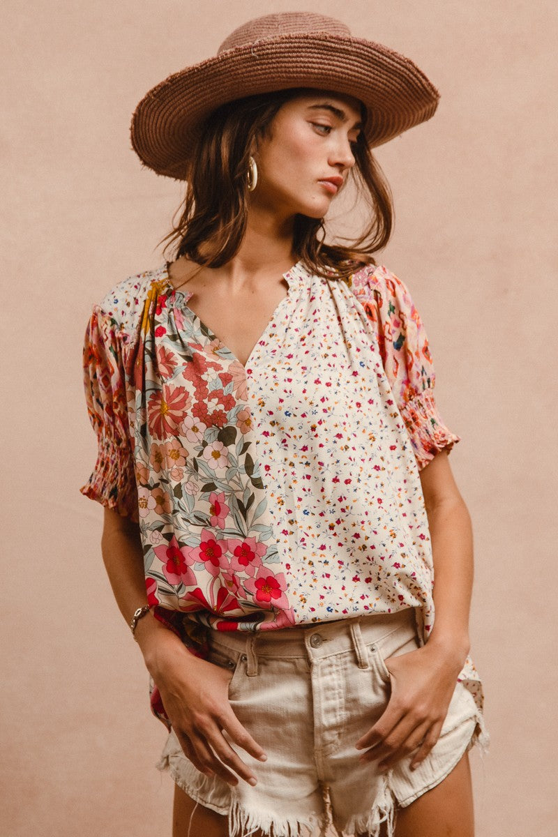 BiBi Mix N Match Woven Peasant Top in Rose Mix – June Adel