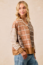Load image into Gallery viewer, BiBi Plaid and Stripe Color Block Top in Rust/Dark Mocha