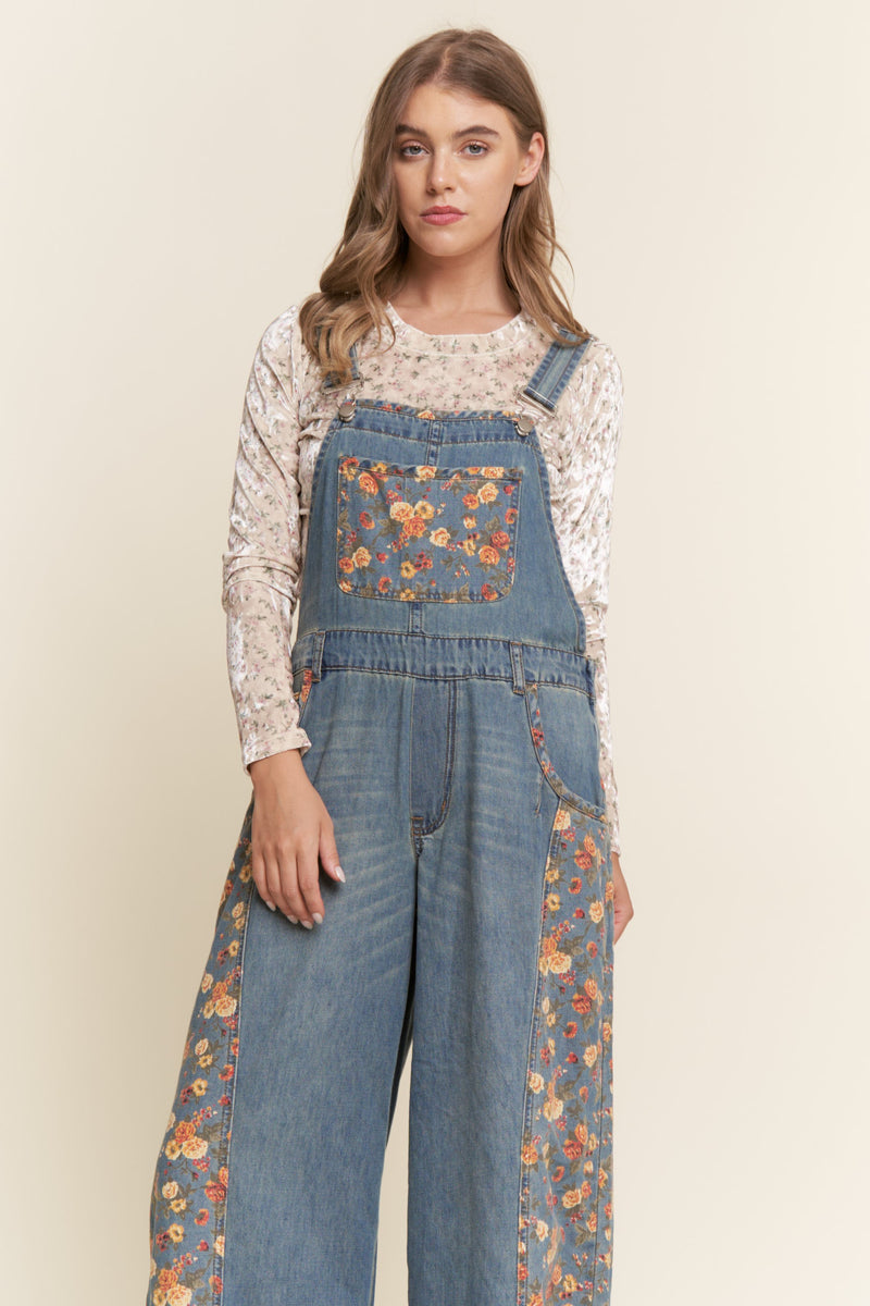J.nna Contrasting Denim and Floral Overalls in Floral Denim – June