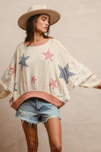 Load image into Gallery viewer, BiBi Solid Color and Floral Print Crinkle Gauze Top with Contrasting Gingham Star Patches in Oatmeal