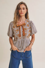 Load image into Gallery viewer, In February French Farm Bubble Sleeves Plaid Embroidered Babydoll Blouse in Dark Cobalt