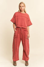 Load image into Gallery viewer, Davi & Dani Mineral Washed Top and Barrel Pants Set in Wine