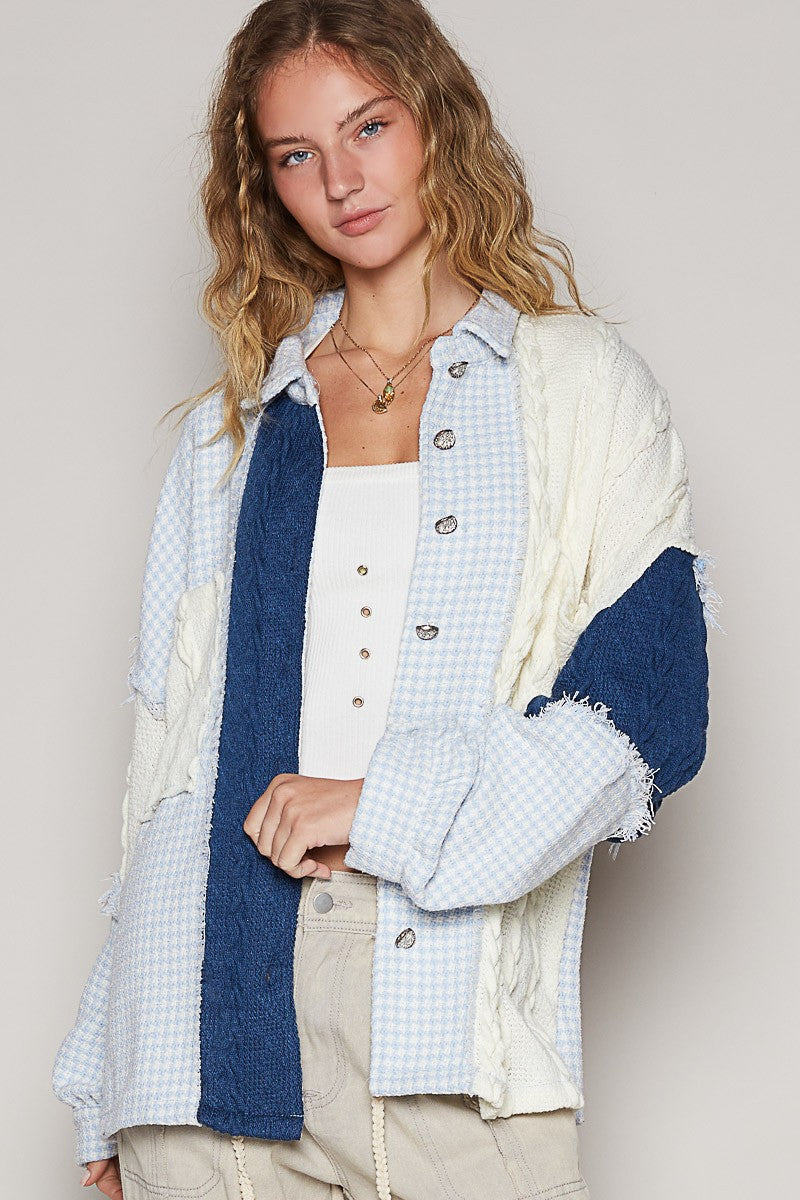 POL Houndstooth Panel Shacket in Sky Cream Multi – June Adel