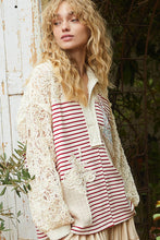 Load image into Gallery viewer, POL Striped Top with Crochet Sleeves and Patches in Cream/Ruby