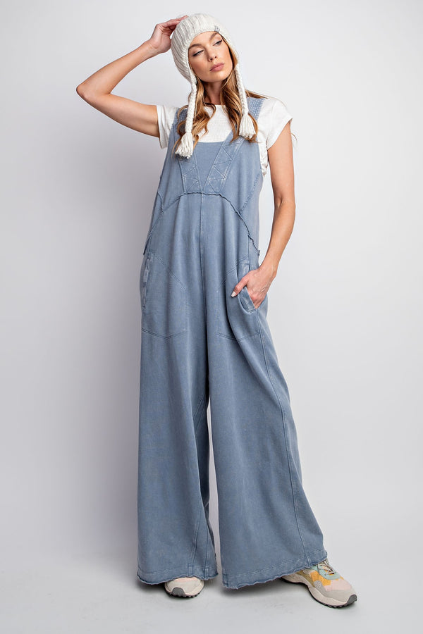 Easel Mineral Washed Terry Knit Jumpsuit in Denim ON ORDER Pants Easel   