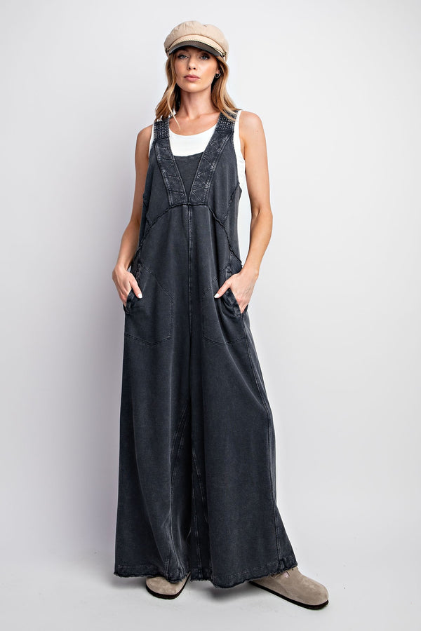 Easel Mineral Washed Terry Knit Jumpsuit in Black ON ORDER Pants Easel   