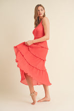 Load image into Gallery viewer, &merci Mixed Media Pleated Tiered Midi Dress in Red Orange