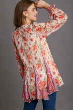 Load image into Gallery viewer, Umgee Mixed Print Long Sleeve Ruffle High Low Hem Top in Rose