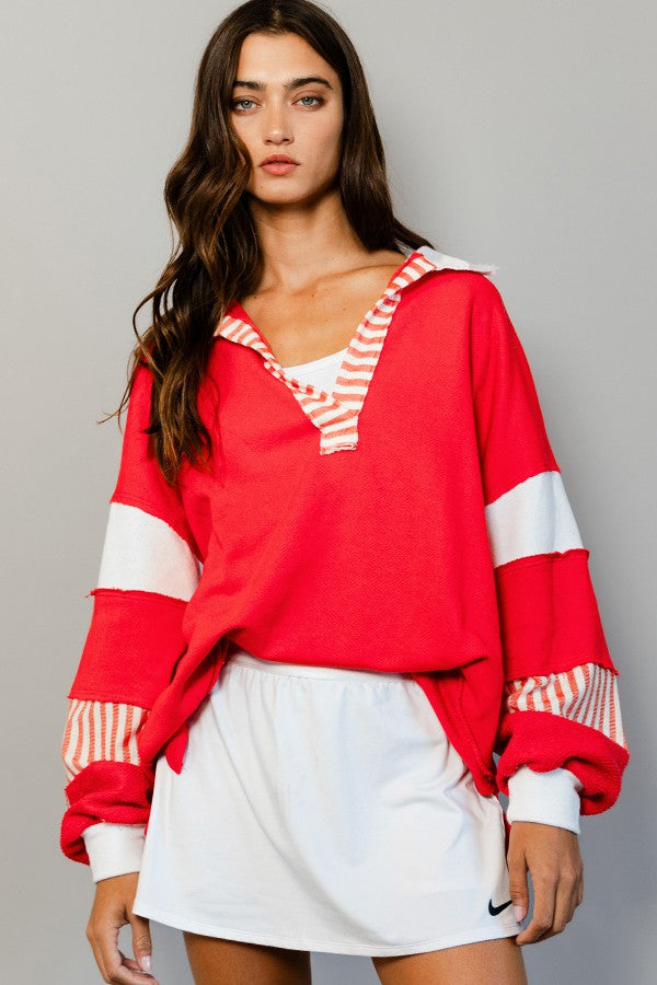 BucketList French Terry Color Block Tunic Top in Red/Ivory Shirts & Tops Bucketlist   
