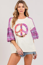 Load image into Gallery viewer, Sage+Fig Solid Color Top with Peace Sign Applique and Plaid Sleeves in Purple