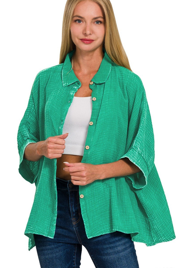 Mineral Washed Double Gauze Button Down Top in Kelly Green Shirts & Tops Zenana   