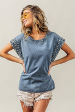 Load image into Gallery viewer, BiBi Denim Top with Pearl Embellished Sleeve Cuffs in Denim