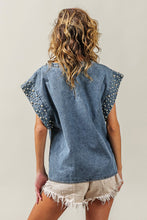 Load image into Gallery viewer, BiBi Denim Top with Pearl Embellished Sleeve Cuffs in Denim