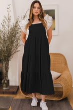 Load image into Gallery viewer, Oddi Button Sling Tiered Midi Dress in Black