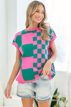 Load image into Gallery viewer, First Love Checkered Patterned Knitted Top in Green/Pink Shirts & Tops First Love