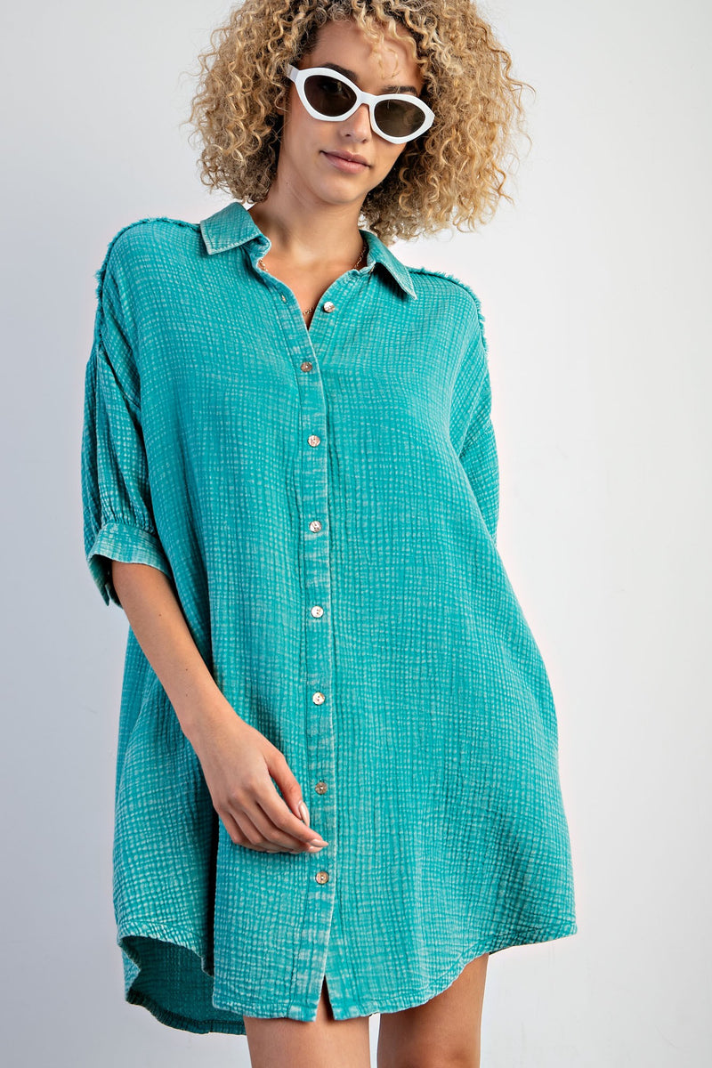 Easel Mineral Washed Button Down Shirt Tail Dress in Emerald June Adel