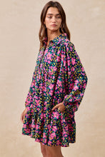 Load image into Gallery viewer, BiBi Floral Print Half Button Front Mini Dress in Navy/Fuchsia