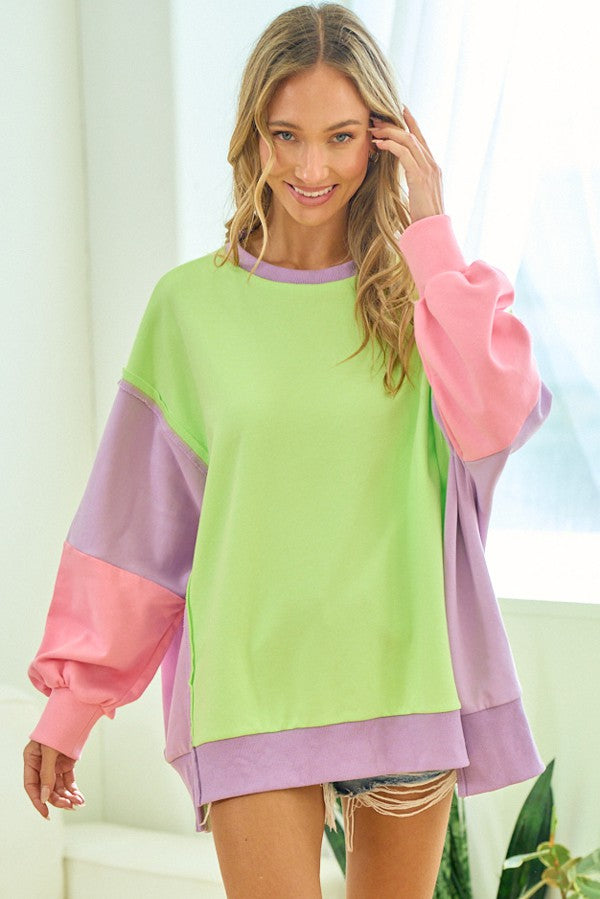 First Love Color Block Oversized Top in Lime Multi Shirts & Tops First Love   